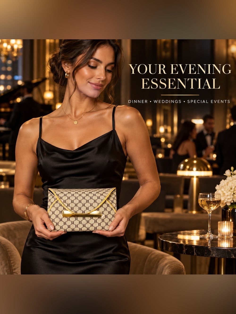 Elegant Beige Brown Envelope Clutch Gold-Tone Evening Bag